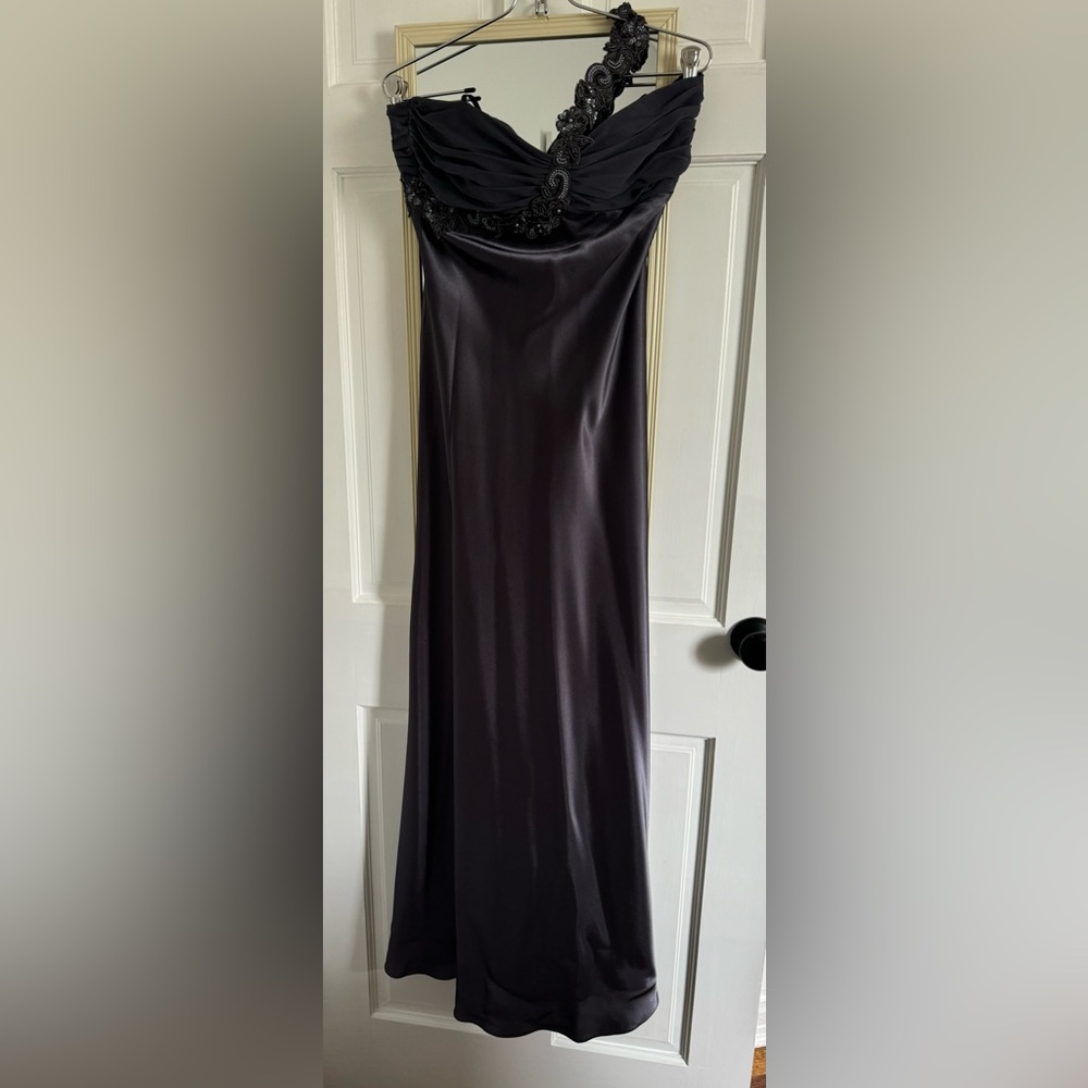 One shoulder slate grey gown